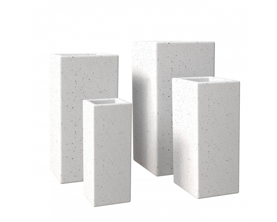 LeisureMod Terra Modern Square Planters Pot in Fiberstone and Clay (Set of 4) - Dotted White