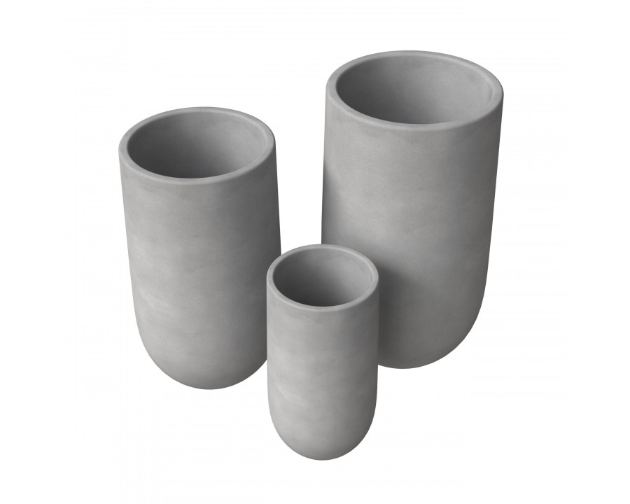 LeisureMod Topiary Modern Cylinder Planters Pot in Fiberstone and Clay (Set of 3) - Dark Gray