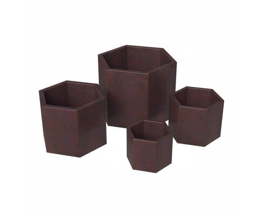 LeisureMod Thicket Modern Hexagon Fiberstone Planters (Set of 4) - Brown