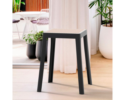 LeisureMod Tresse Mid-Century Modern Stackable Square Plastic Dining Stool with Wicker Top - Black