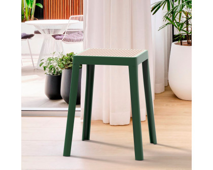 LeisureMod Tresse Mid-Century Modern Stackable Square Plastic Dining Stool with Wicker Top - Green