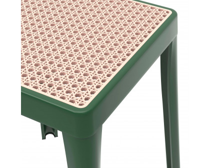 LeisureMod Tresse Mid-Century Modern Stackable Square Plastic Dining Stool with Wicker Top - Green