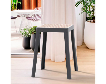 LeisureMod Tresse Mid-Century Modern Stackable Square Plastic Dining Stool with Wicker Top - Gray