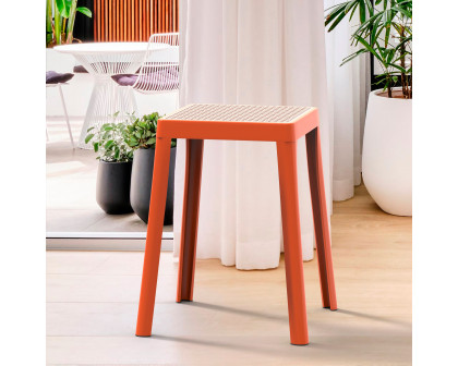 LeisureMod Tresse Mid-Century Modern Stackable Square Plastic Dining Stool with Wicker Top - Orange