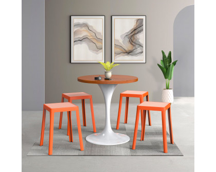 LeisureMod Tresse Mid-Century Modern Stackable Square Plastic Dining Stool with Wicker Top - Orange