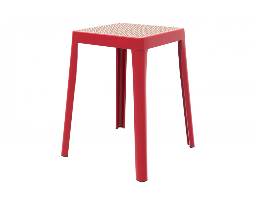 LeisureMod Tresse Mid-Century Modern Stackable Square Plastic Dining Stool with Wicker Top - Red