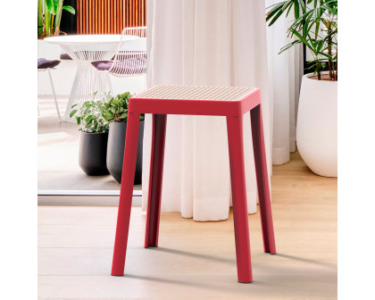 LeisureMod Tresse Mid-Century Modern Stackable Square Plastic Dining Stool with Wicker Top - Red