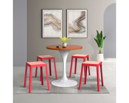 LeisureMod Tresse Mid-Century Modern Stackable Square Plastic Dining Stool with Wicker Top - Red