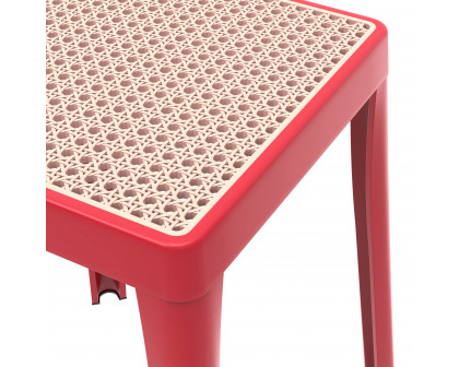 LeisureMod Tresse Mid-Century Modern Stackable Square Plastic Dining Stool with Wicker Top - Red