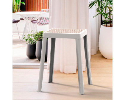 LeisureMod Tresse Mid-Century Modern Stackable Square Plastic Dining Stool with Wicker Top - White