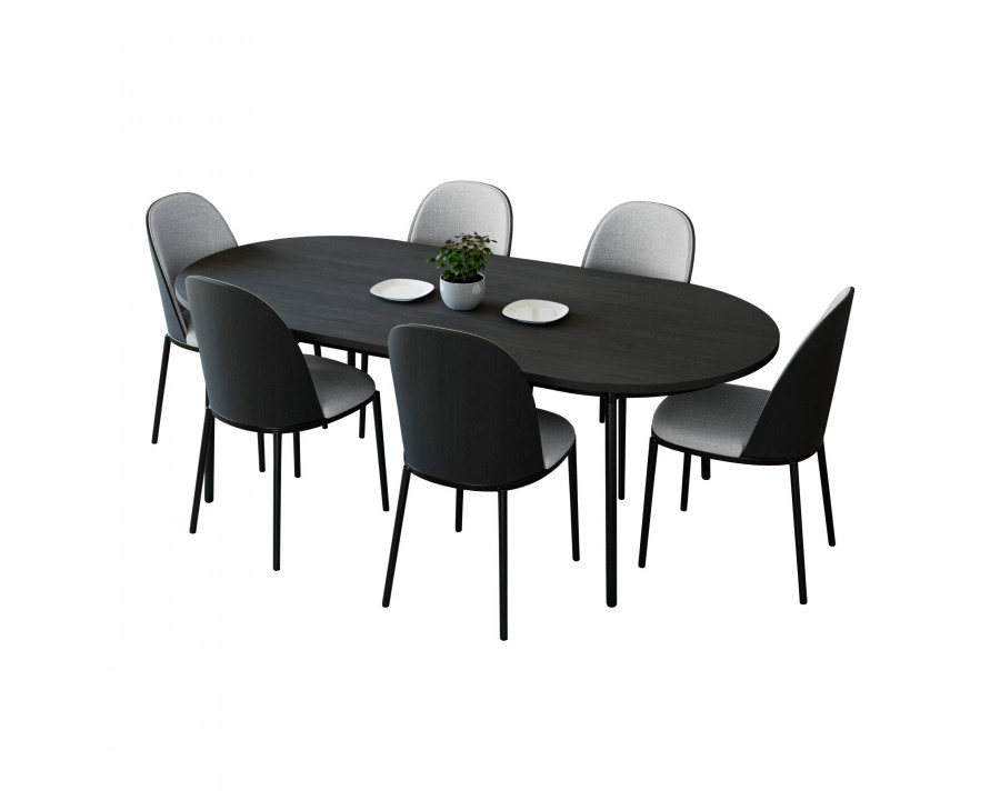 LeisureMod Tule 7-Piece Dining Set in Steel Frame with 6 Dining Chairs and 71" Oval Dining Table with MDF Top - Black/Platinum Blue