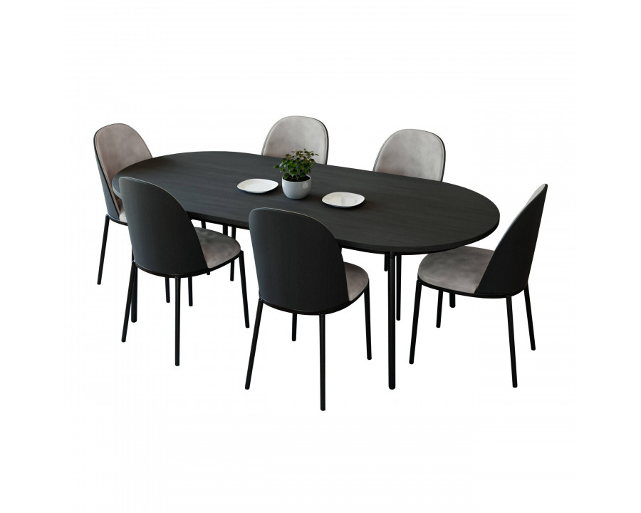 LeisureMod Tule 7-Piece Dining Set in Steel Frame with 6 Dining Chairs and 71" Oval Dining Table with MDF Top - Black/Charcoal