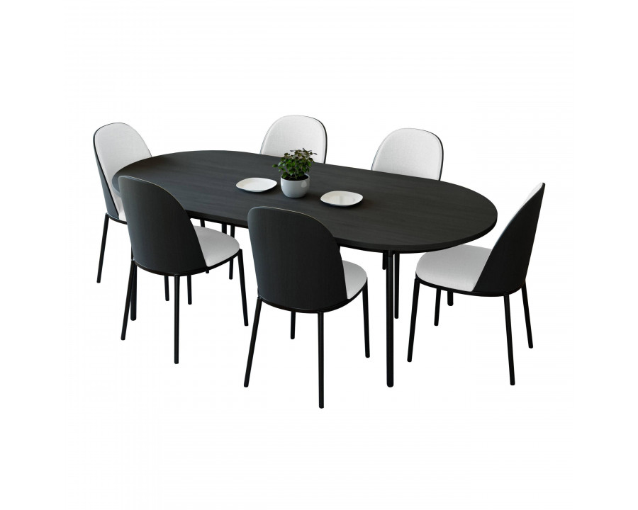 LeisureMod Tule 7-Piece Dining Set in Steel Frame with 6 Dining Chairs and 71" Oval Dining Table with MDF Top - Black/White