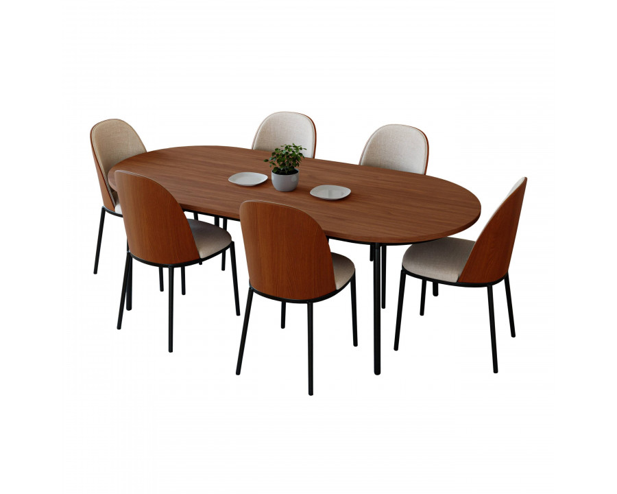 LeisureMod Tule 7-Piece Dining Set in Steel Frame with 6 Dining Chairs and 71" Oval Dining Table with MDF Top - Walnut/Beige