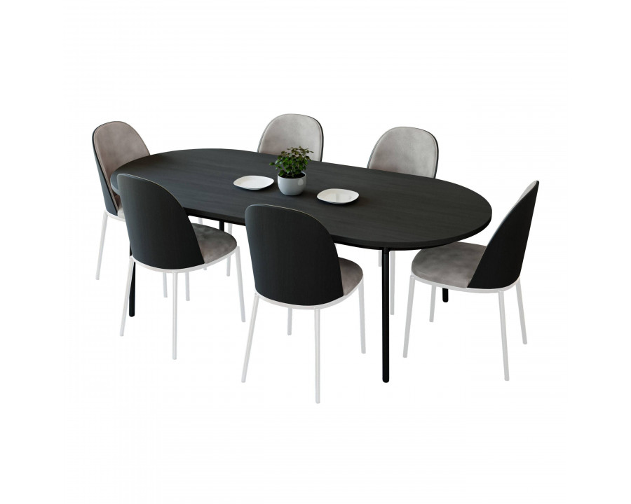 LeisureMod Tule 7-Piece Dining Set in White Steel Frame with 6 Dining Chairs and 71" Oval Dining Table with MDF Top - Black/Charcoal