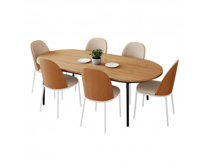 LeisureMod Tule 7-Piece Dining Set in White Steel Frame with 6 Dining Chairs and 71" Oval Dining Table with MDF Top