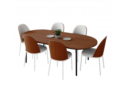 LeisureMod Tule 7-Piece Dining Set in White Steel Frame with 6 Dining Chairs and 71" Oval Dining Table with MDF Top