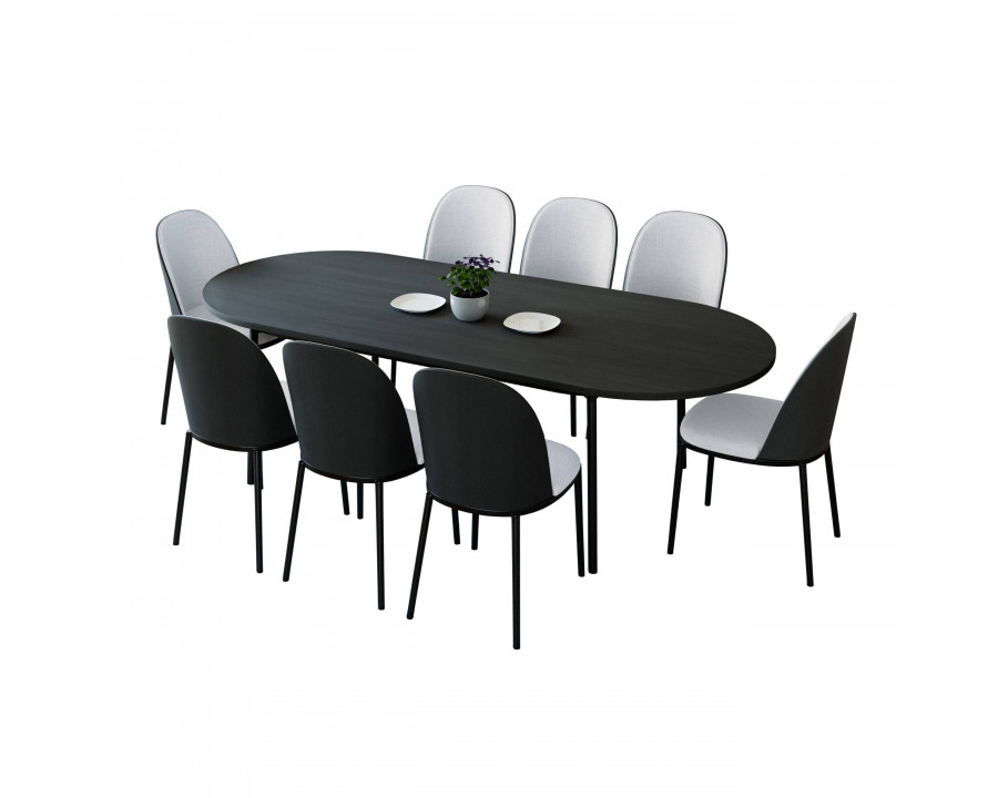 LeisureMod Tule 9-Piece Dining Set in Steel Frame with 8 Dining Chairs and 83" Oval Dining Table with MDF Top - Black/Platinum Blue