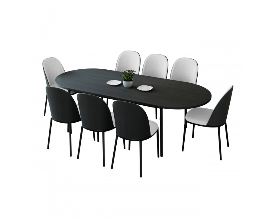 LeisureMod Tule 9-Piece Dining Set in Steel Frame with 8 Dining Chairs and 83" Oval Dining Table with MDF Top - Black/White