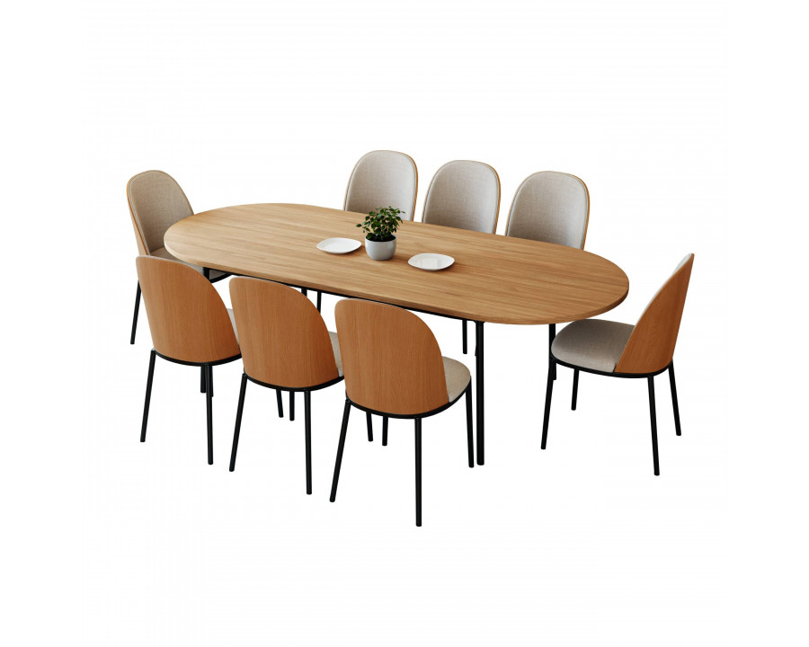 LeisureMod Tule 9-Piece Dining Set in Steel Frame with 8 Dining Chairs and 83" Oval Dining Table with MDF Top - Natural Wood/Beige