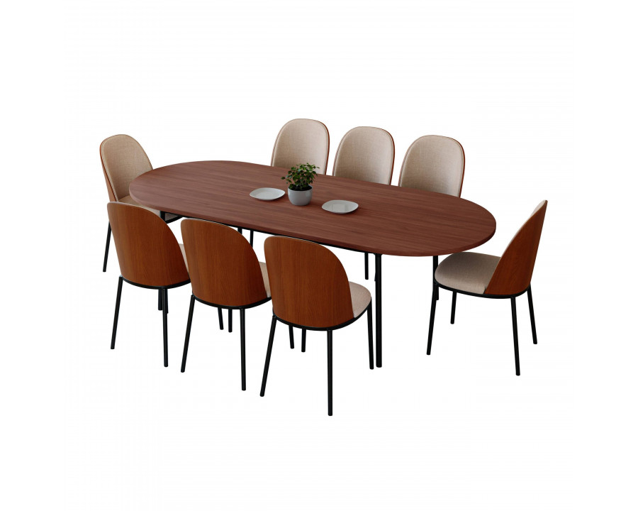 LeisureMod Tule 9-Piece Dining Set in Steel Frame with 8 Dining Chairs and 83" Oval Dining Table with MDF Top - Walnut/Light Brown