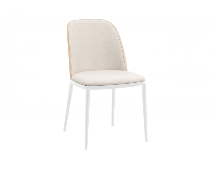 LeisureMod Tule Mid-Century Modern Dining Side Chair with White Powder-Coated Steel Frame - Natural Wood/Beige