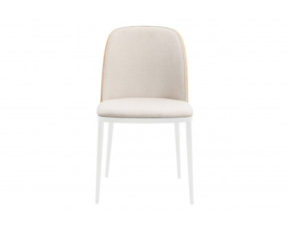 LeisureMod Tule Mid-Century Modern Dining Side Chair with White Powder-Coated Steel Frame - Natural Wood/Beige