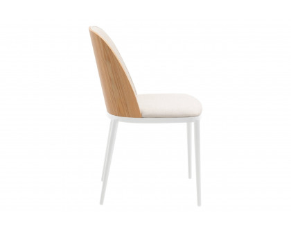 LeisureMod Tule Mid-Century Modern Dining Side Chair with White Powder-Coated Steel Frame - Natural Wood/Beige