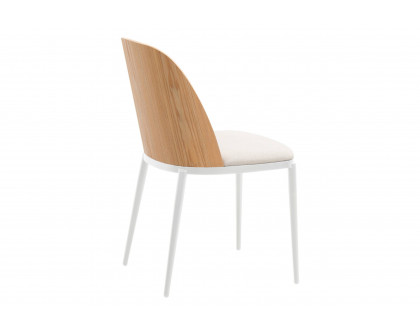 LeisureMod Tule Mid-Century Modern Dining Side Chair with White Powder-Coated Steel Frame - Natural Wood/Beige