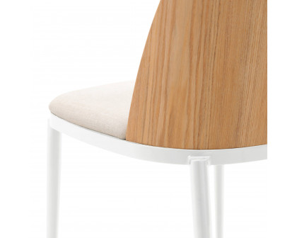 LeisureMod Tule Mid-Century Modern Dining Side Chair with White Powder-Coated Steel Frame - Natural Wood/Beige