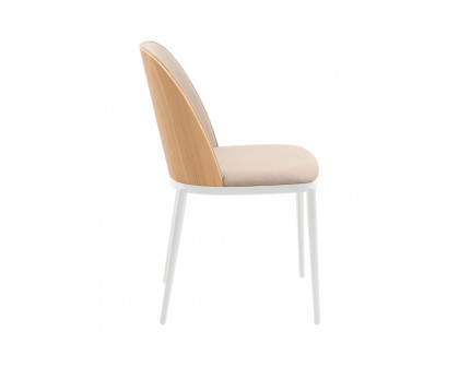 LeisureMod Tule Mid-Century Modern Dining Side Chair with White Powder-Coated Steel Frame - Natural Wood/Brown