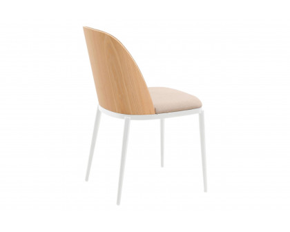 LeisureMod Tule Mid-Century Modern Dining Side Chair with White Powder-Coated Steel Frame - Natural Wood/Brown