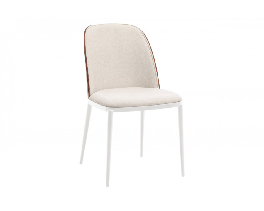 LeisureMod Tule Mid-Century Modern Dining Side Chair with White Powder-Coated Steel Frame - Walnut/Beige