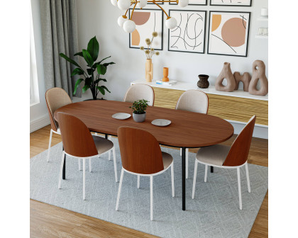 LeisureMod Tule Mid-Century Modern Dining Side Chair with White Powder-Coated Steel Frame - Walnut/Beige