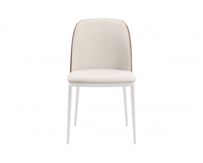 LeisureMod Tule Mid-Century Modern Dining Side Chair with White Powder-Coated Steel Frame - Walnut/Beige