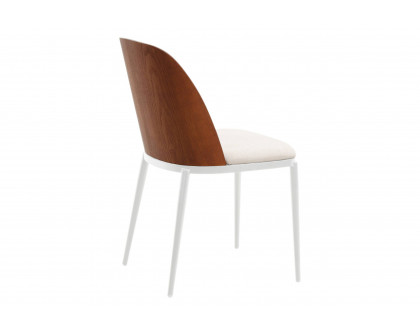 LeisureMod Tule Mid-Century Modern Dining Side Chair with White Powder-Coated Steel Frame - Walnut/Beige