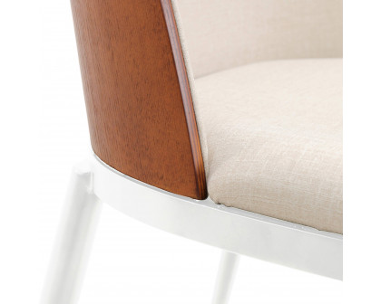 LeisureMod Tule Mid-Century Modern Dining Side Chair with White Powder-Coated Steel Frame - Walnut/Beige