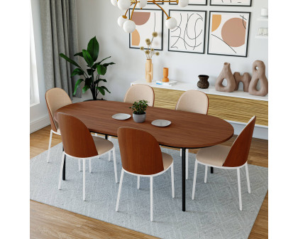 LeisureMod Tule Mid-Century Modern Dining Side Chair with White Powder-Coated Steel Frame - Walnut/Light Brown