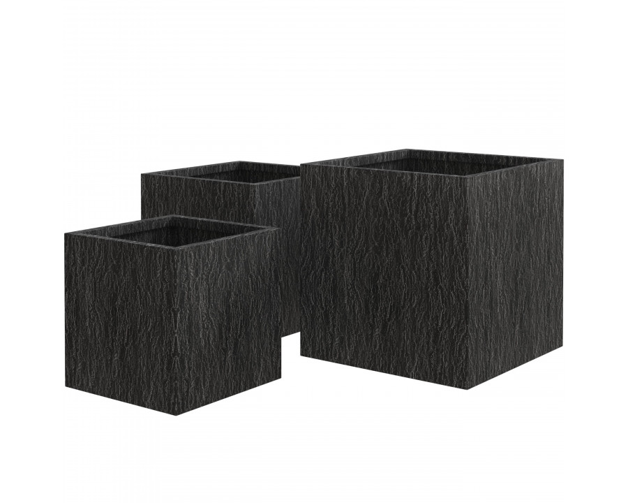 LeisureMod Verdura Modern Square Fiberstone and Clay Planters with Drainage Holes (Set of 3) - Black