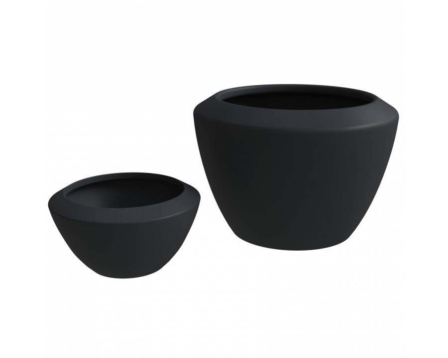 LeisureMod Vessel Modern Round Planters Pot in Fiberstone and Clay (Set of 2) - Black