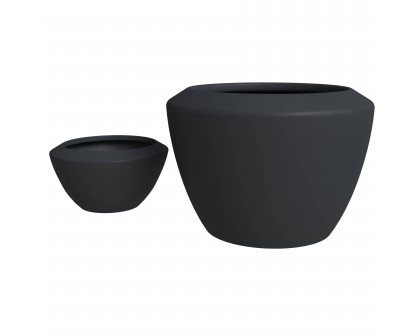 LeisureMod Vessel Modern Round Planters Pot in Fiberstone and Clay (Set of 2) - Black