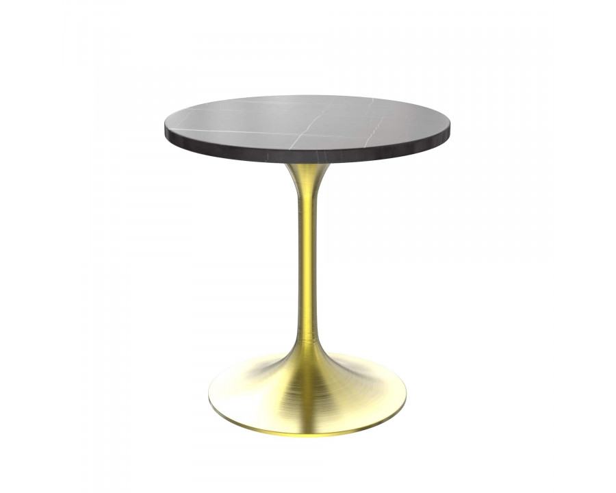 LeisureMod Verve Modern 27" Round Dining Table with Stone Top and Brushed Gold Pedestal Base - Black