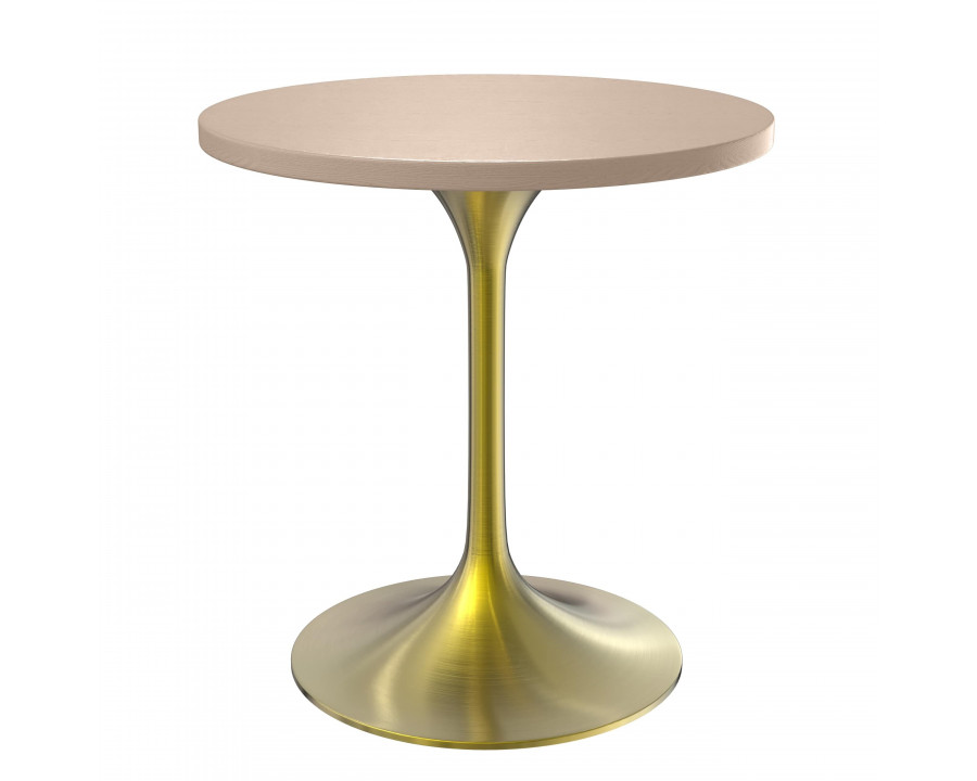 LeisureMod Verve Modern 27" Round Dining Table with MDF Top and Brushed Gold Pedestal Base - Light Natural Wood