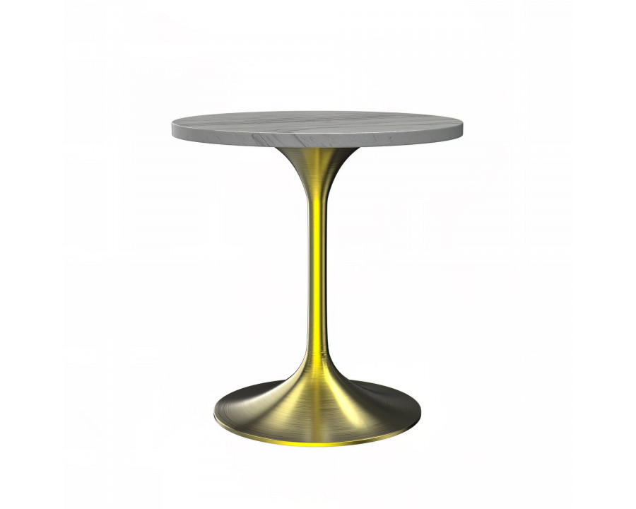 LeisureMod Verve Modern 27" Round Dining Table with Resin Top and Brushed Gold Steel Pedestal Base - White