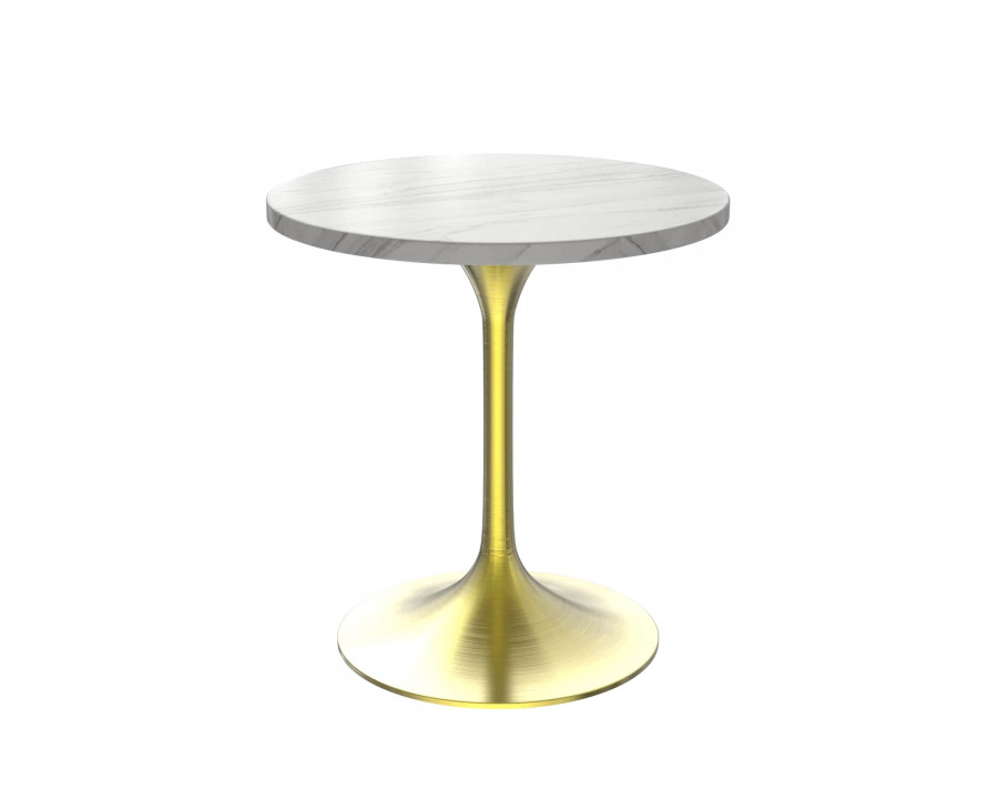 LeisureMod Verve Modern 27" Round Dining Table with Stone Top and Brushed Gold Pedestal Base - White