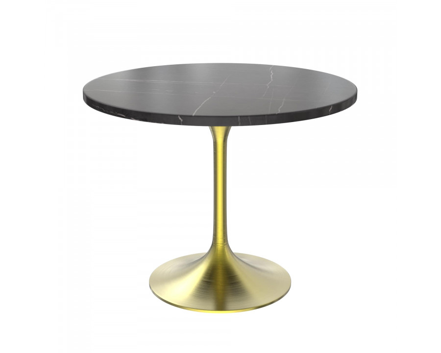 LeisureMod Verve Modern 36" Round Dining Table with Stone Top and Brushed Gold Pedestal Base - Black