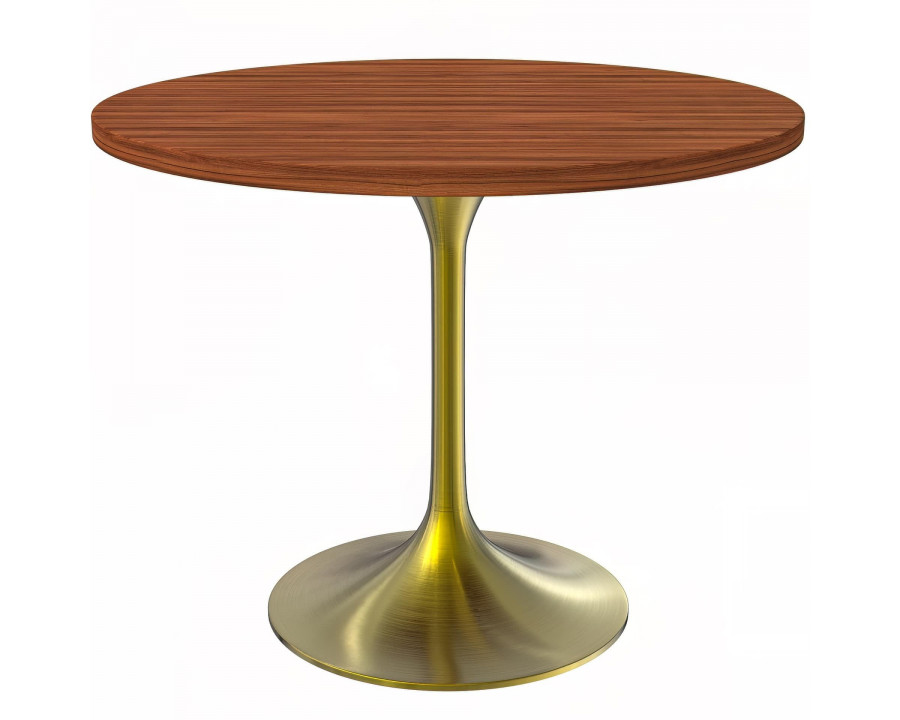 LeisureMod Verve Modern 36" Round Dining Table with MDF Top and Brushed Gold Pedestal Base - Cognac Brown