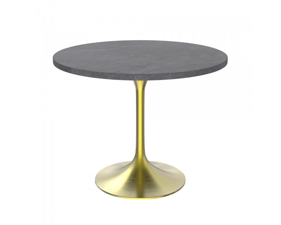 LeisureMod Verve Modern 36" Round Dining Table with Stone Top and Brushed Gold Pedestal Base - Gray