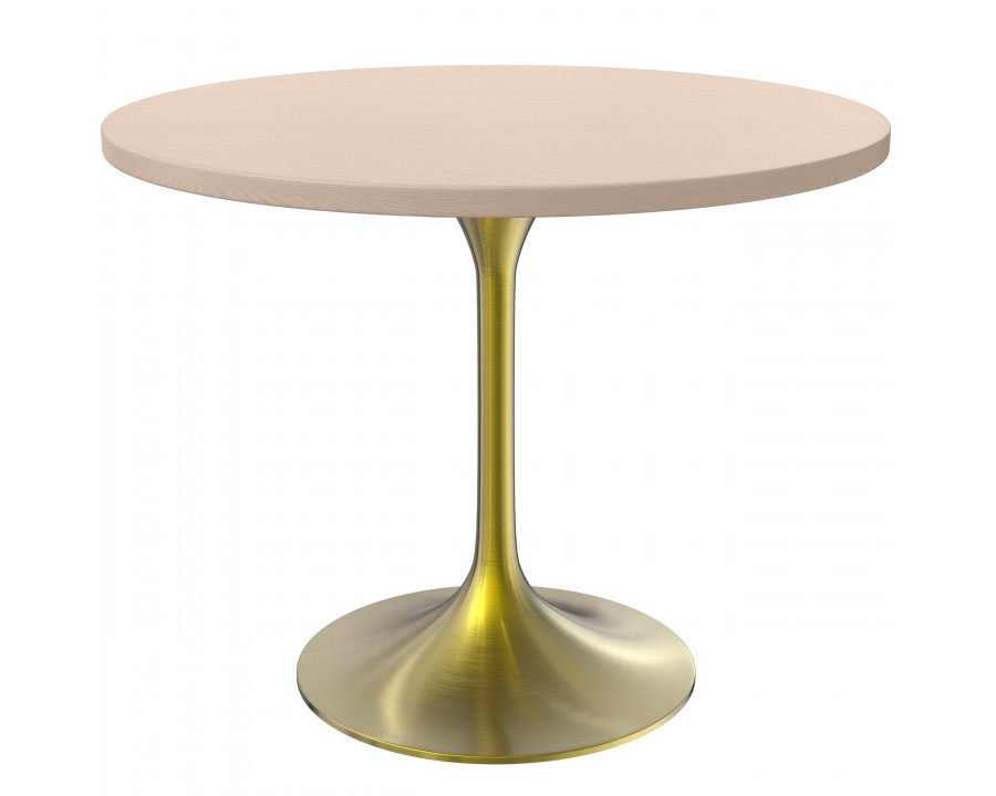 LeisureMod Verve Modern 36" Round Dining Table with MDF Top and Brushed Gold Pedestal Base - Light Natural Wood