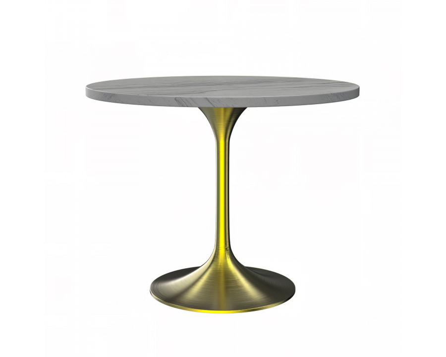 LeisureMod Verve Modern 36" Round Dining Table with Resin Top and Brushed Gold Steel Pedestal Base - White